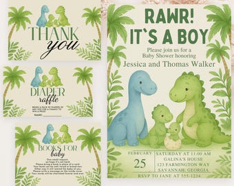 Puede incluir: Un conjunto de invitaciones y tarjetas para baby shower con temática de dinosaurios. La invitación principal dice "RAWR! IT'S A BOY" e incluye detalles del evento. Las tarjetas adicionales dicen "Gracias", "Rifa de pañales" y "Libros para bebé".