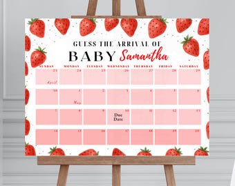 Puede incluir: Un calendario de baby shower blanco con un tema de fresas. El calendario presenta el texto "Guess the Arrival of BABY Samantha" en negro y rojo. Incluye una cuadrícula de calendario con fechas y las palabras "Due Date".