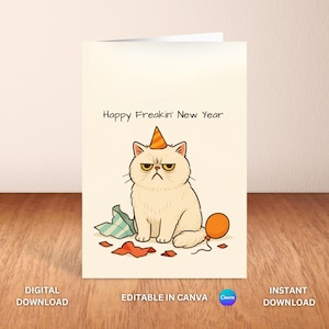 Tarjeta de Año Nuevo con un Gato Gruñón Divertida / Feliz Año Nuevo / Saludo Sarcástico Imprimible / Plantilla de Canva Editable / Descarga Instantánea