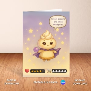 Cartão de felicitações personalizado com tema de cheesecake místico kawaii - Modelo de foto do Canva - Cartão de sonho para impressão com 2 layouts