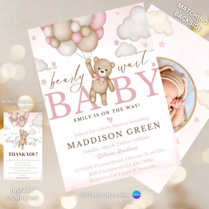 Personalized Brown Bear Balloon Baby Shower Invitations, We Can Bearly Wait Baby Shower Poster, Pink Boho Bear Girl Baby Shower Decor,BBS334