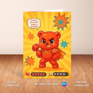Herói de Goma para Imprimir | Download Digital de Super-herói de Ursinho de Goma Fofo | Cartão de Aniversário Engraçado | Download Instantâneo | Verso e Desenho Interno