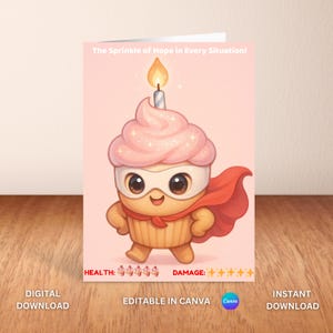 Capitão Cupcake Kawaii Hero Printable | Download Digital de Super-heróis Fofos | Cartão de Aniversário Engraçado | Download Instantâneo | Arte de Personagem Original