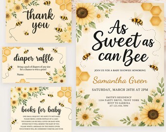 May include: A set of four printable cards for a baby shower with a bee and sunflower theme. The cards include a thank you card, a nappy raffle card, a book request card, and a baby shower invitation card. The invitation card says "As Sweet as can Bee" and includes the date, time, and location of the shower. The cards are decorated with yellow sunflowers, green leaves, and honeycombs.