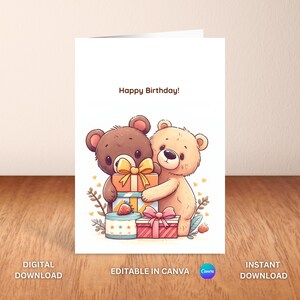 Carte d'anniversaire ours mignon à imprimer | Modèle de carte de voeux modifiable | Téléchargement instantané Canva | Deux oursons avec des cadeaux | Téléchargement numérique