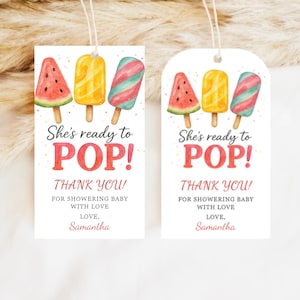 Editable She&#39;s Ready to Pop Baby Shower Favor Tag, Pink Popsicle Baby Shower Thank You Tag, Girl Summer Baby Shower Party Favors, BBS107