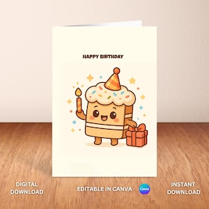 Carte d'anniversaire gâteau kawaii imprimable | Modèle de carte de voeux modifiable mignon | Téléchargement instantané Canva | Joyeux anniversaire | Téléchargement numérique