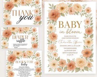 May include: Baby shower stationery set featuring floral designs. The invitation says "Baby in Bloom" with event details. Additional cards read "Thank You", "Diaper Raffle", and "Books for Baby", all with matching floral borders.