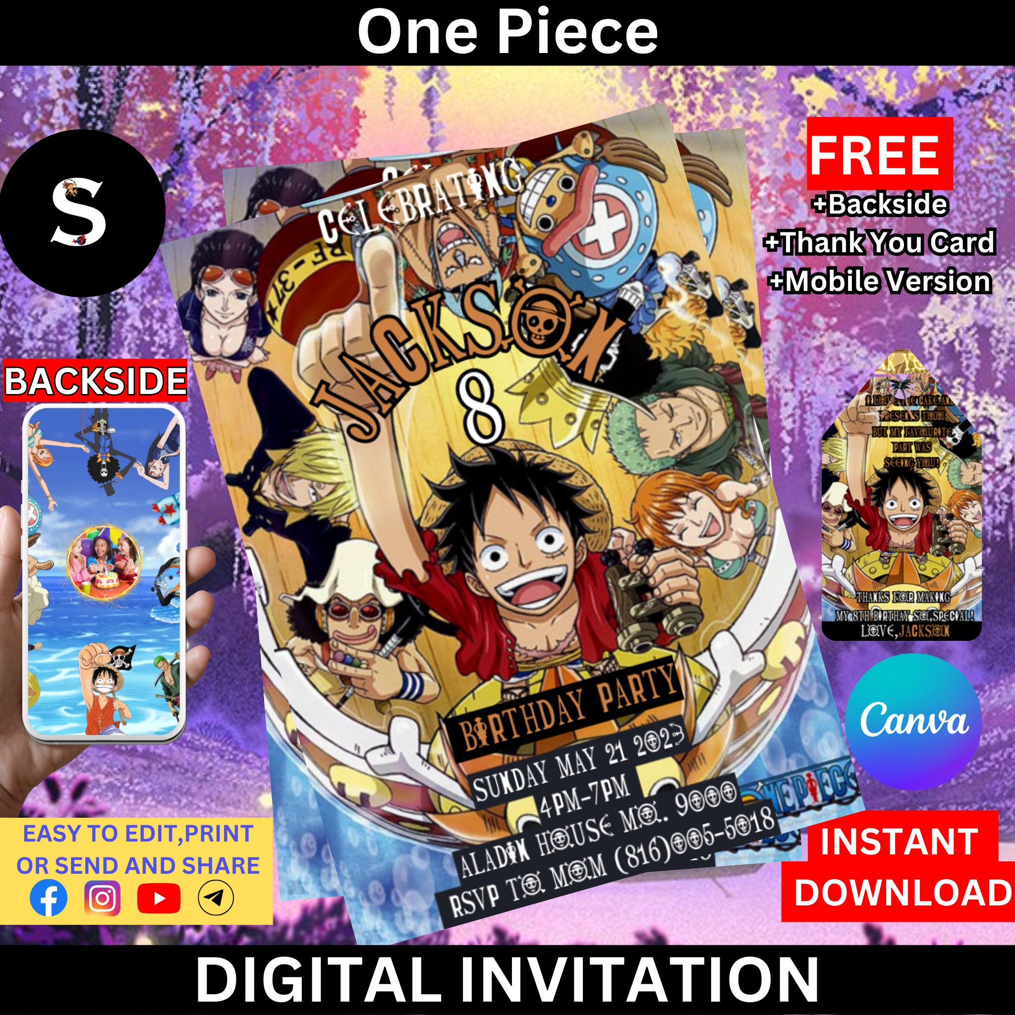 Invitation anniversaire personnalisable - One Piece - CililaCreation