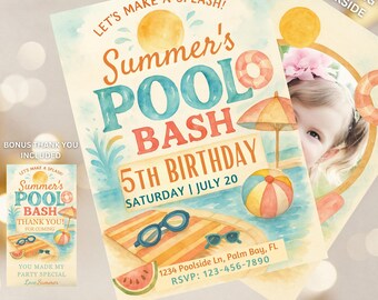 May include: Watercolor-style invitation for a summer pool party. The design features the text "Summer's Pool Bash" and "5th Birthday". Includes a matching backside with a photo and a bonus thank you card. The invitation also includes a watermelon slice and sunglasses.
