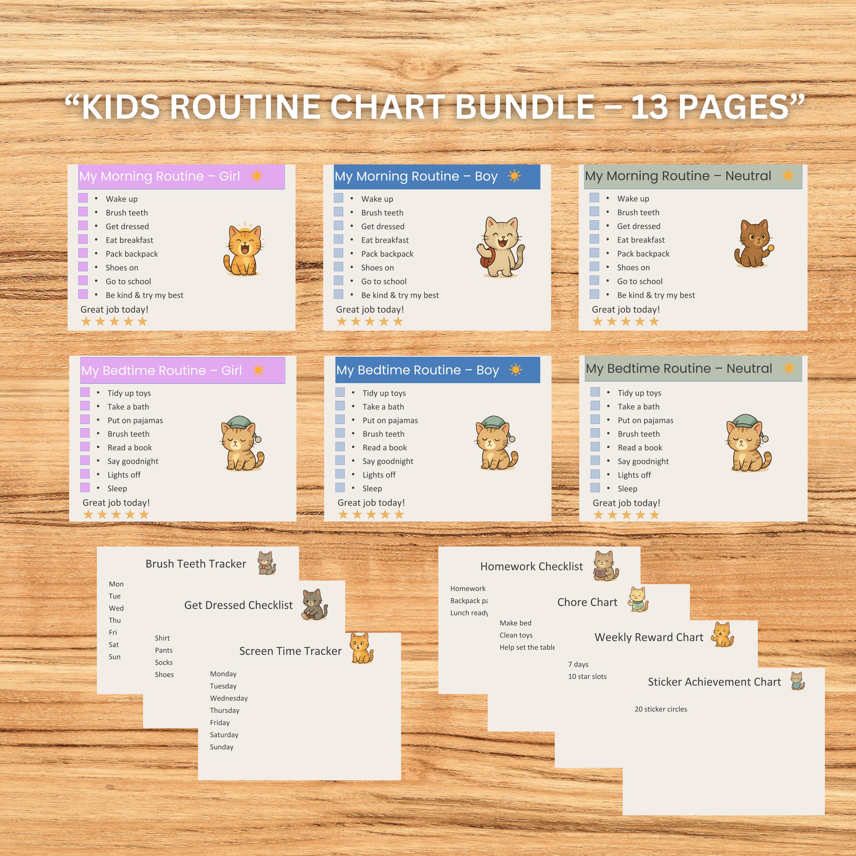 Cute Moe Routine Cute Cat Daily Routine Chart • Kids Morning Checklist • Animal Theme ...