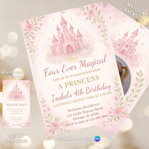 Personalized Four ever a  Magical Princess 4th Birthday Invitation, Floral Princess Birthday Invite, Royal Princess Magical Castle Birthday