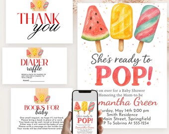 May include: A baby shower invitation suite featuring watercolor popsicles. The invitation reads "She's ready to POP!" with event details. Additional cards include "Thank You," a diaper raffle, and "Books for Baby" requests. A phone displays the invitation.