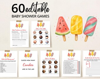 Può includere: Una collezione di giochi stampabili per baby shower. Il design presenta illustrazioni ad acquerello di ghiaccioli e include giochi come "Baby Predictions and Advice" e "Guess How Many Candies".