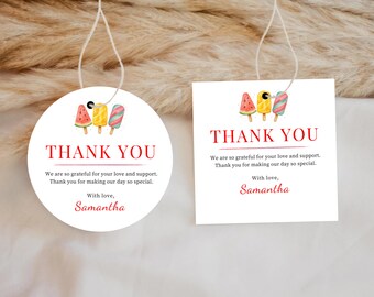May include: Two white tags with string, one round and one square, featuring watercolor popsicle illustrations. The text "THANK YOU" is in red, with additional text below. The name "Samantha" is also in red.