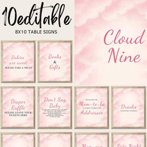 Editable On Cloud 9 Baby Shower Table Sign, Pink Cloud Nine Babies are Sweet Favors, Girl We&#39;re on Cloud Nine Diaper Raffle, Gifts, BBS106