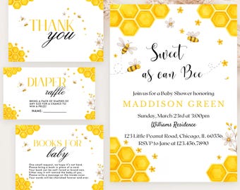 May include: A set of printable baby shower invitations with a bee and honeycomb theme. The invitation says "Sweet as can Bee" and includes the name "Maddison Green". There are also cards for a diaper raffle and a book request.
