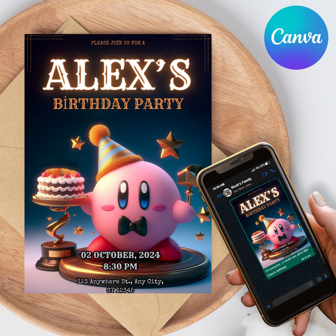 Editable Kirby Birthday Invitationkids Birthday Invitation Etsy