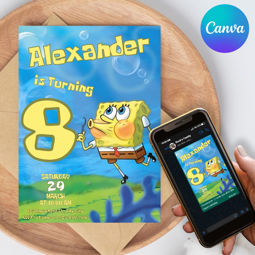 Editable Spongebob Birthday Party Invitationspongebob Etsy