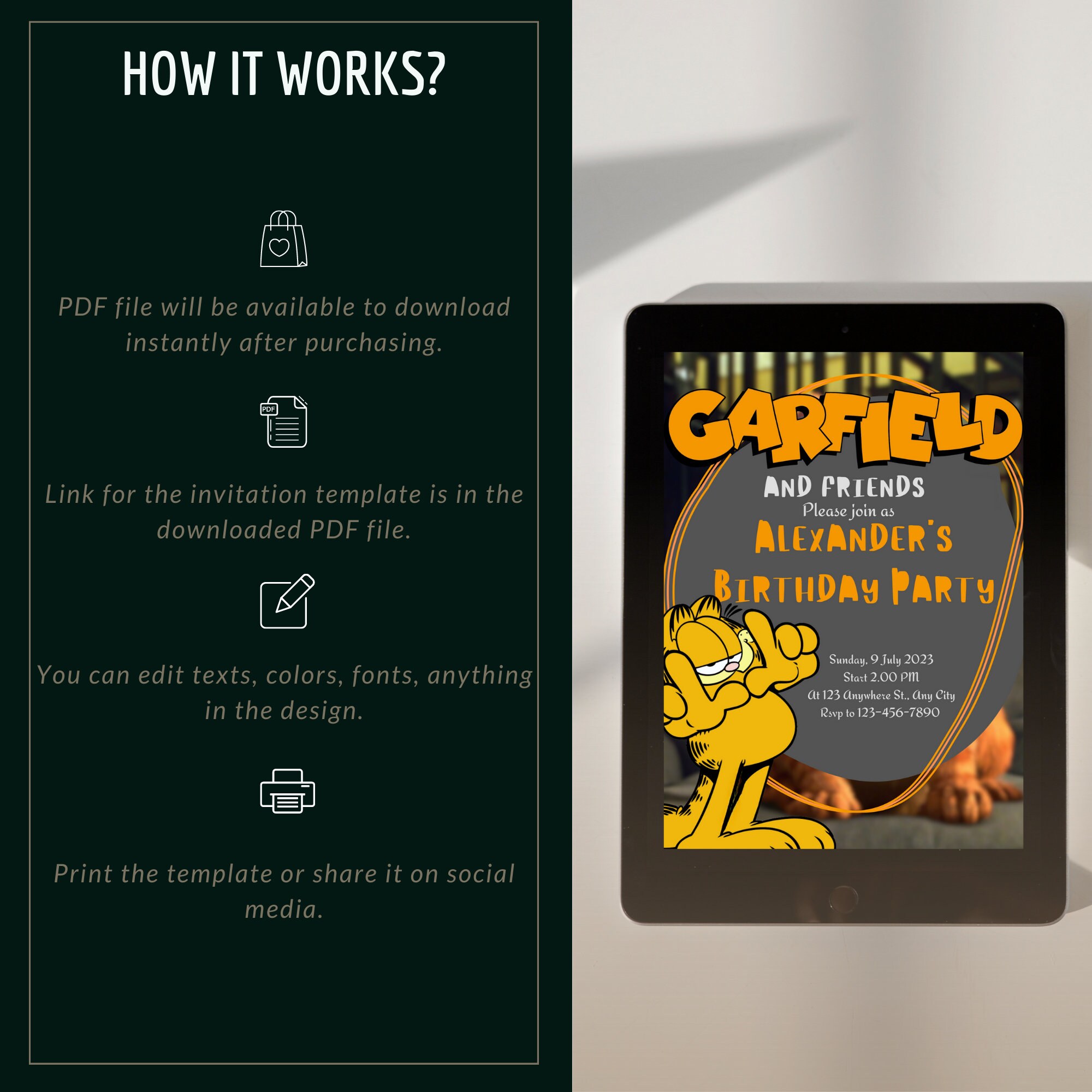 Editable Garfield Birthday Party Invitation,kids Birthday Invitation ...