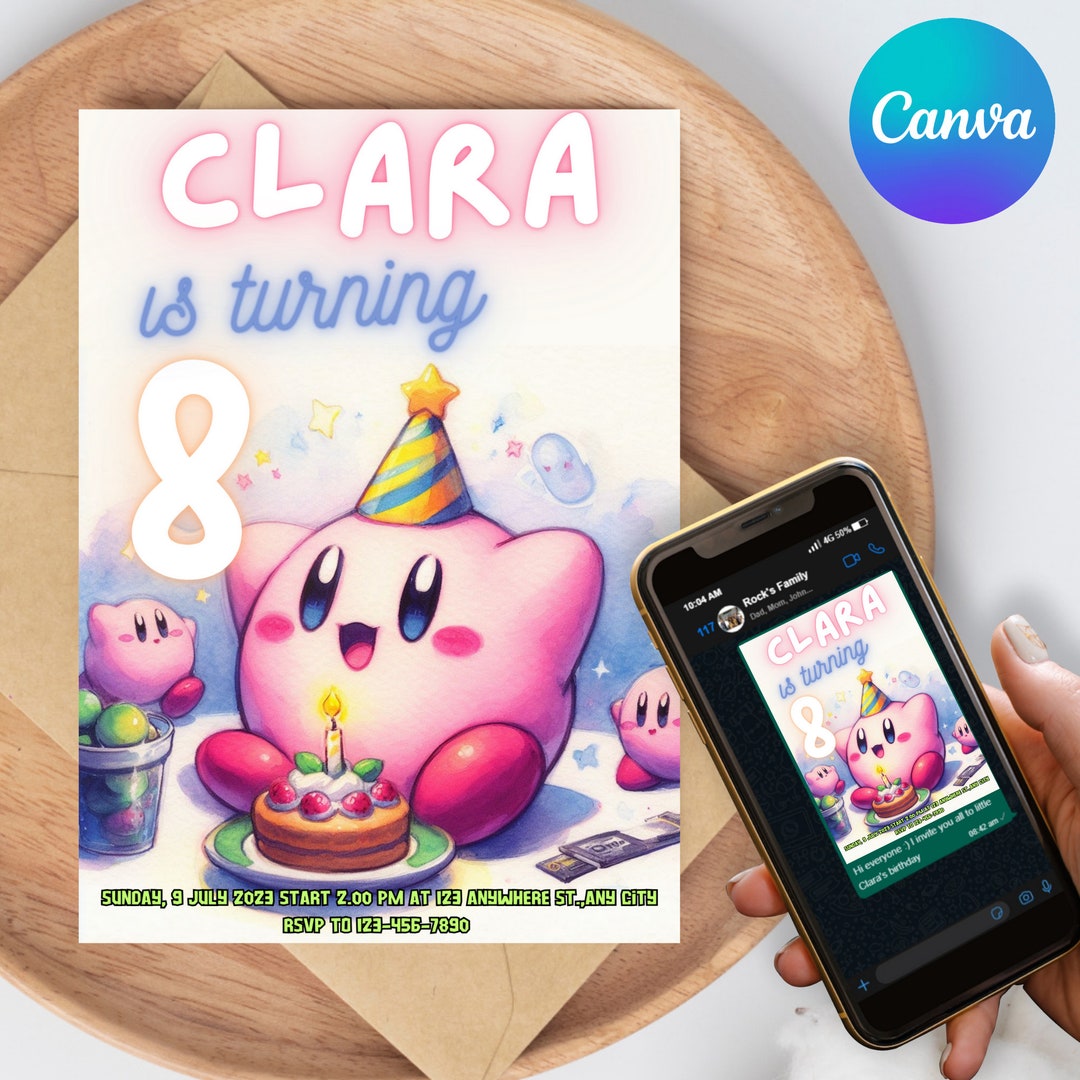 Editable Kirby Birthday Invitationkids Birthday Invitation Etsy