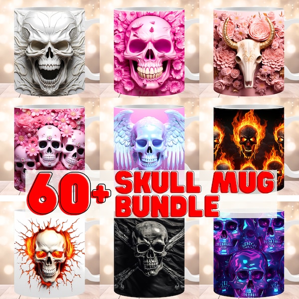 Bundle Skull Mug Wrap 3D, Mug 15 oz 11 oz Sublimation Designs, téléchargement numérique