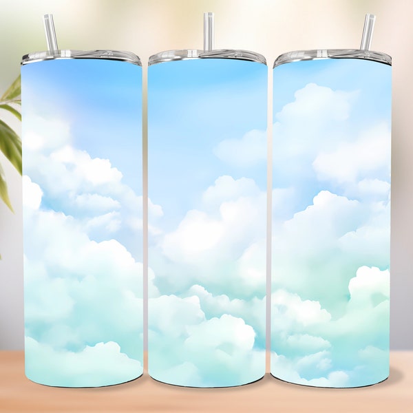 Blue Sky And Clouds 20oz Tumbler Wrap Watercolor 20 oz Skinny Tumbler Sublimation Design, PNG Digital Download