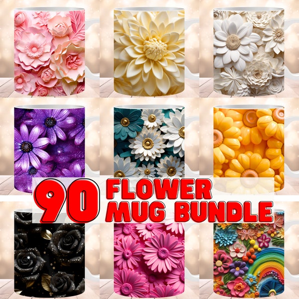 Pacchetto tazza floreale con involucro di fiori tazza 3D, disegni di sublimazione tazza da 15 once 11 once, download digitale
