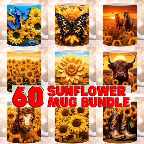 Bundle Sunflower Floral Flower Mug Wrap 3D, 15oz 11oz mug Sublimation Designs, Digital Download