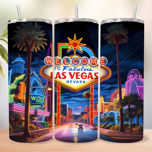 3D Welcome To Fabulous Las Vegas Neon 20 oz Skinny Tumbler Sublimation Design, Straight Tapered Tumbler Wrap, Instant PNG Digital Download