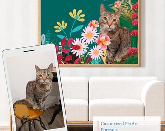 May include: A custom pet portrait of a tabby cat sitting in a field of pink and yellow flowers. The background is a teal green color. The cat is looking directly at the viewer. The image is framed in a wooden frame.