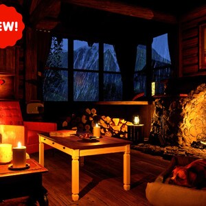 May include: A cozy cabin interior with a fireplace, a wooden table, and a window view of a rainy forest. The room is lit by candles and the fireplace. There is a dog sleeping on a bed in the foreground.