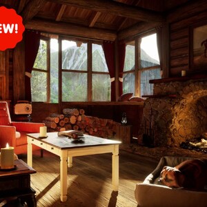 May include: A cozy cabin living room with a stone fireplace, a red armchair, a coffee table, and a dog sleeping in a dog bed. The windows look out onto a lush green forest.