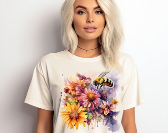 Chemise florale abeille, T-shirt abeille, Chemise nature, Cadeau pour elle, Jolie chemise abeille, T-shirt femme, Amateur d'abeilles, T-shirt fleurs de couleur, Abeille à miel