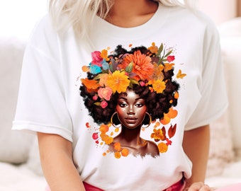 Camiseta estampada con diseño floral de mujer afroamericana, Black Girl Magic