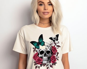 Floral Skull T-Shirt, Boho Outfit, Wild Flowers Shirt, Womens Vneck TShirt, Graphic Tees for Women, Gift for Her, Spring Clothing