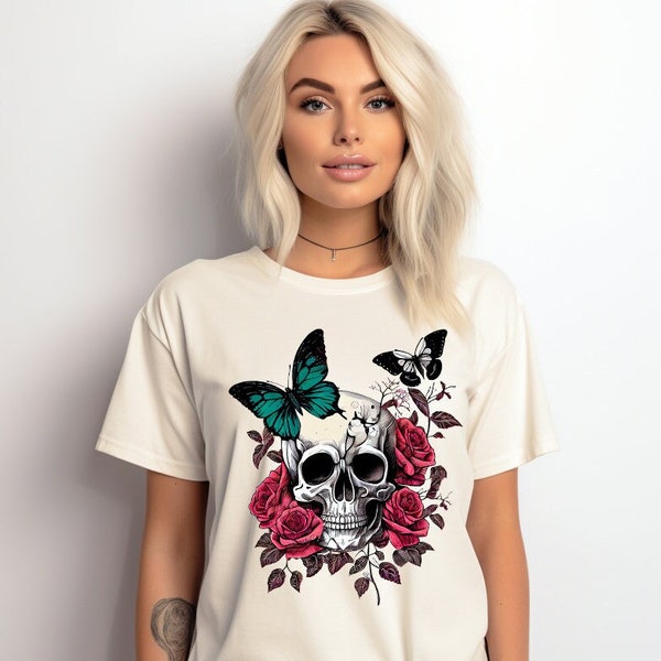 Floral Skull T-shirt, Boho Outfit, Wild Flowers Shirt, Womens Vneck TShirt, Graphic Tees voor vrouwen, Cadeau voor haar, Lentekleding