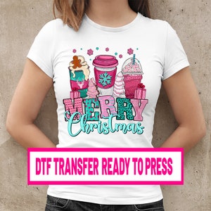 Pink Christmas Coffee DTF Print Ready Press Dtf Transfers Merry Christmas Transfers Heat Transfer Ready Dtf transfer Direct to Film Transfer