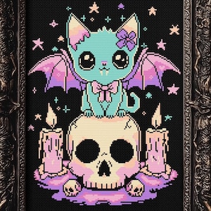 May include: A pixelated illustration of a cute, green cat with bat wings sitting on a skull with two lit candles. The cat has a pink bow and a flower on its head. The background is black with stars.