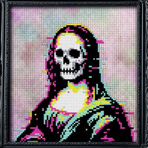 May include: A framed cross-stitch artwork depicting a skull in the style of the Mona Lisa. The pixelated design incorporates pink, blue, and yellow hues. The black frame has decorative detailing.