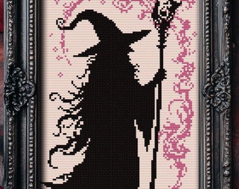 Patrón de punto de cruz de bruja xilográfica, decoración gótica de Halloween (PDF)