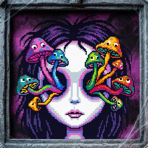 May include: A framed pixel art portrait of a woman with colorful mushroom eyes. The frame is gray with skull accents. The background is dark with cobwebs and lit candles, creating a spooky, Halloween theme.