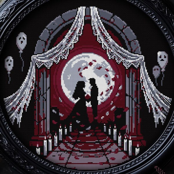 Gothic Hochzeit Kreuzstich Muster Romantisches Geschenk für Valentinstag Pärchen Witchy Halloween Xstitch Gruselig Modern PDF mini Zählvorlage