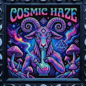 May include: A framed artwork with a vibrant, pixelated design. The image features a goat-like figure with multiple eyes, smoking from a glass pipe, surrounded by mushrooms and cosmic elements. The words "COSMIC HAZE" are displayed at the top.