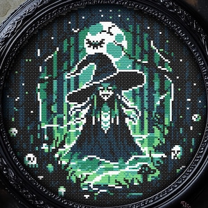 Wood Witch Glitch Cross Stitch Pattern Gift for Halloween Woodcut Witchy Xstitch Baba Yaga Gothic Fantasy Modern PDF mini Dnd xStitch Chart