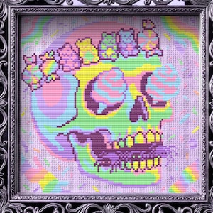 Può includere: Un'opera d'arte a punto croce incorniciata con un teschio colorato su uno sfondo arcobaleno. Il teschio è principalmente verde, con accenti rosa, blu e gialli. La cornice è ornata, color argento e di forma quadrata.