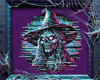 Glitch Witch Cross Stitch Pattern,Gothic Cyberpunk Halloween (Digital Download)