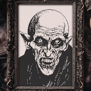 May include: A framed black and white cross-stitch portrait of a vampire with sharp teeth and pointed ears. The artwork is in a dark ornate frame. The image is surrounded by skulls and gothic decor.