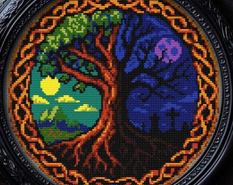 Patrón de punto de cruz del árbol celta de la vida, regalo de fantasía para Halloween, Xstitch de bruja, FRP, nudo vikingo Yggdrasil, gráfico mini contado en PDF moderno