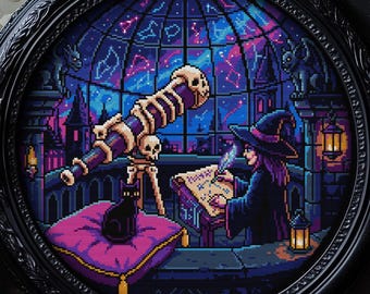Patrón de punto de cruz de bruja astrológica, regalo de bruja para Halloween, gótico, tarot, zodiaco, espeluznante, celestial, moderno, PDF, mini gráfico de puntada contada